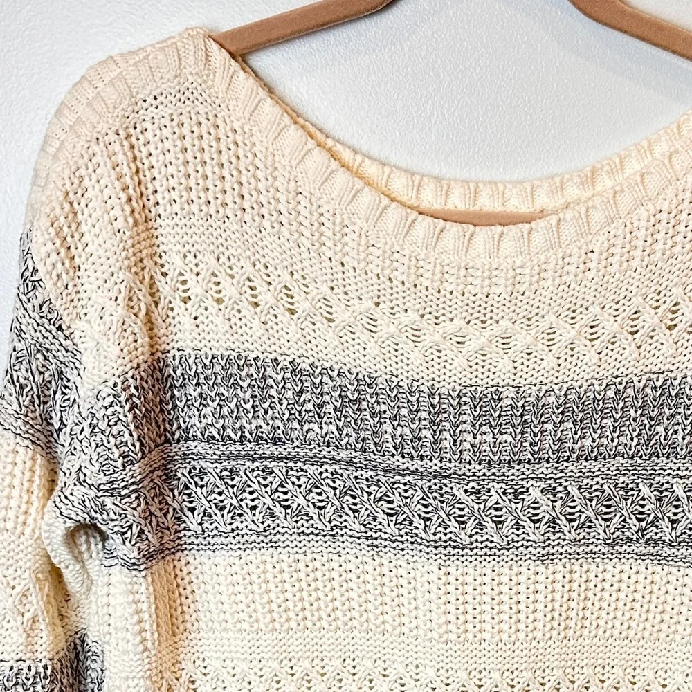 Garnet Hill Organic Cotton Cream and Gray Striped Long Sleeve Boatneck Sweater L